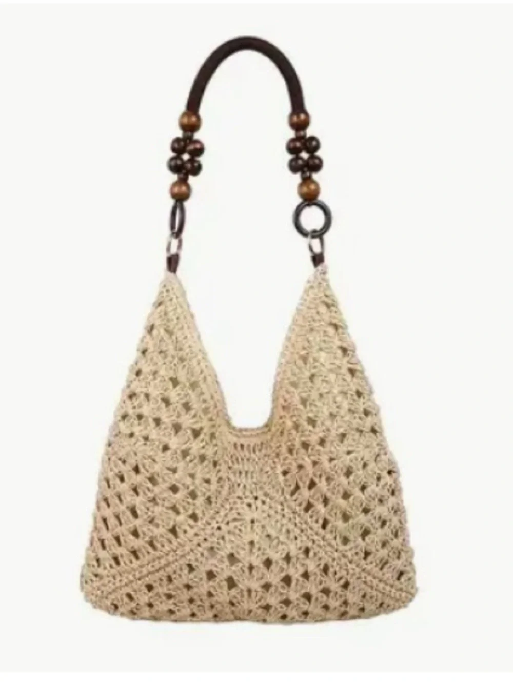 Crochet Hobo Bag with Wooden Bead Handle and Magnetic Closure